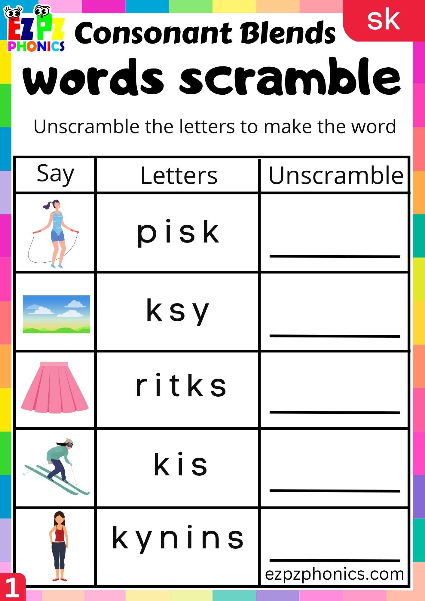 Group1 SK Words Words Scramble Phonics Consonant Blends Worksheet